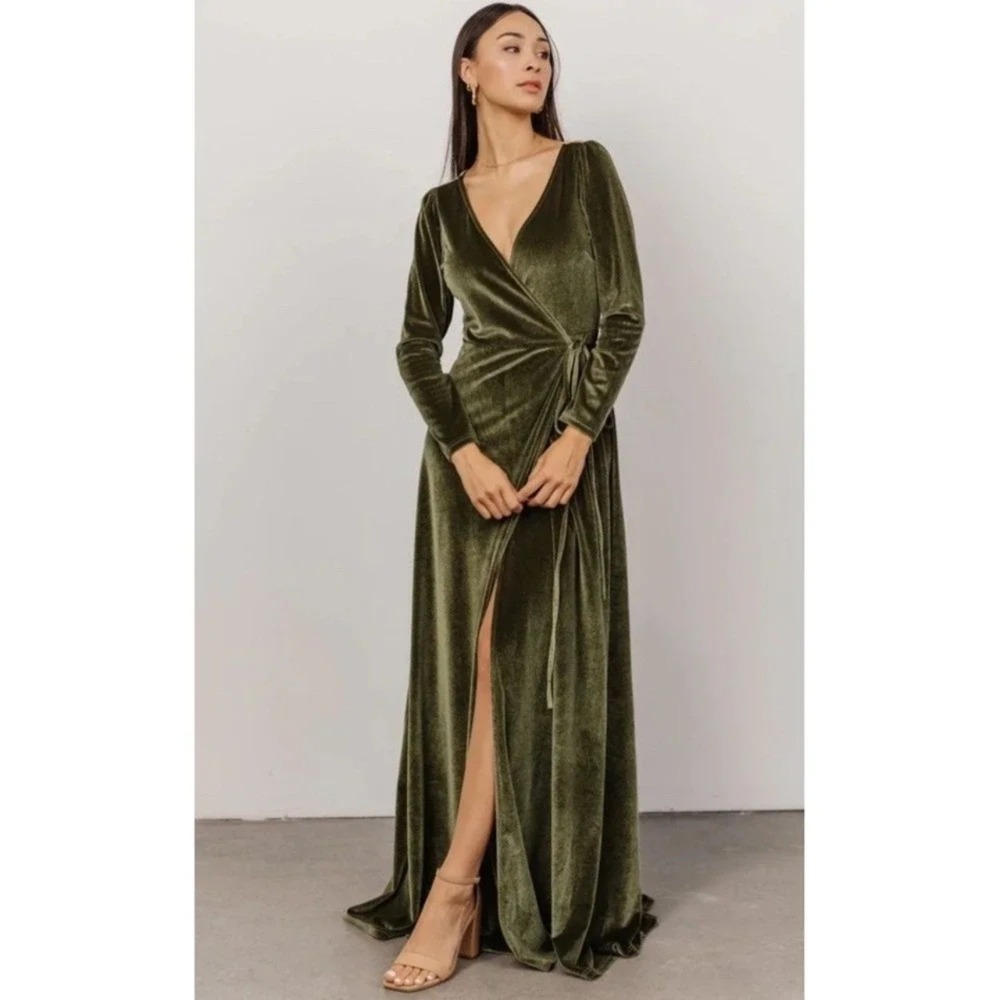 Baltic Born Esmeralda Velvet‎ Wrap Slit Evening Unlined Maxi Dress Green Women M